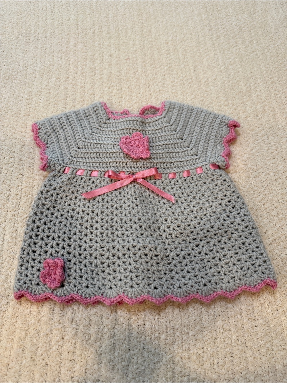 Handmade Crocheted Baby Dress and Matching Headband in Gray and Pink